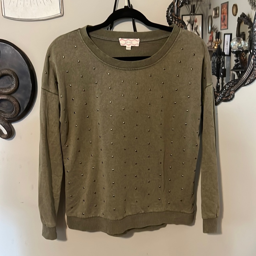 Pink rose heathered olive green oversized sweatshirt with metal stud details